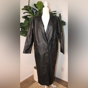 VINTAGE 80s 90s Savannah Black Genuine Leather Long Trench Coat Jacket